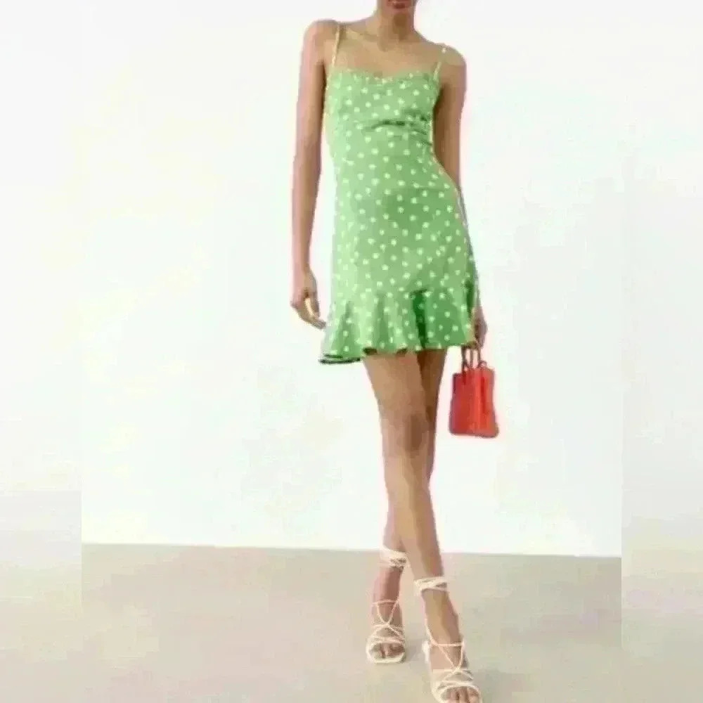 ZARA polka‎ dot linen blend flounced hem summer dress blogger favorite sz Small
